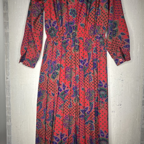 Vintage Serben Red Paisley Print Modest Long Sleeve Dress | Size: 12 - Picture 12 of 15